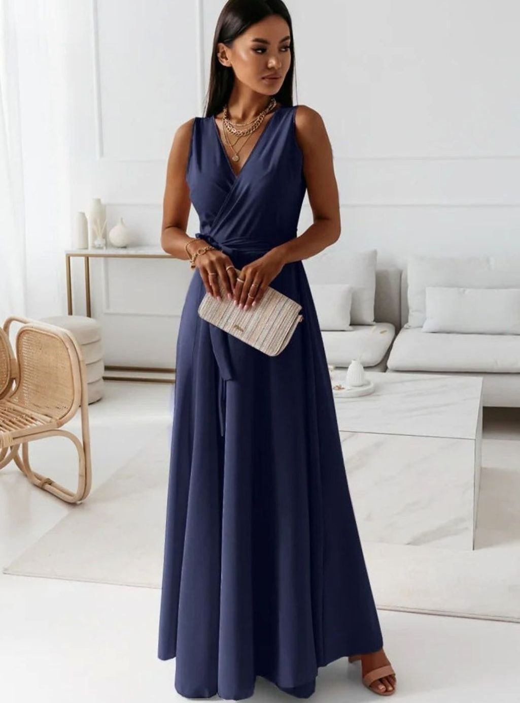 Damen Wickel Maxi Kleid für Hochzeitsgäste Ärmellos V-Ausschnitt - Marineblau