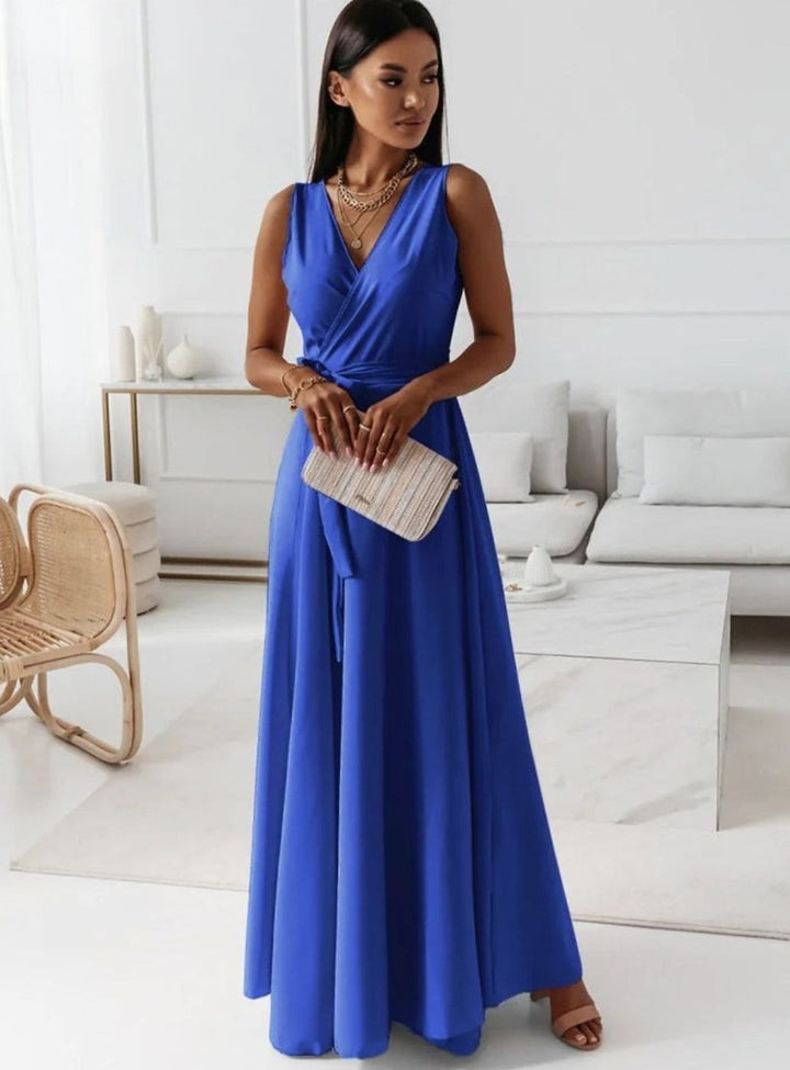 Damen Wickel Maxi Kleid für Hochzeitsgäste Ärmellos V-Ausschnitt - Blau