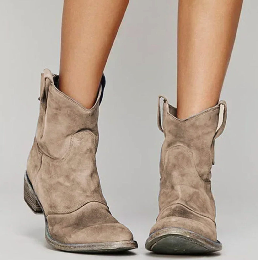 Damen Wildleder Westernstiefelette mit rundem Absatz niedrigem Blockabsatz - Braun