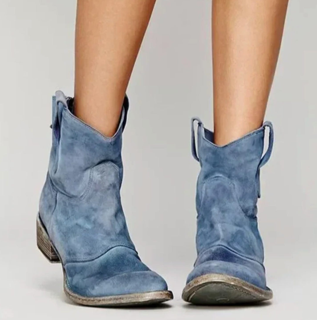 Damen Wildleder Westernstiefelette mit rundem Absatz niedrigem Blockabsatz - Blau