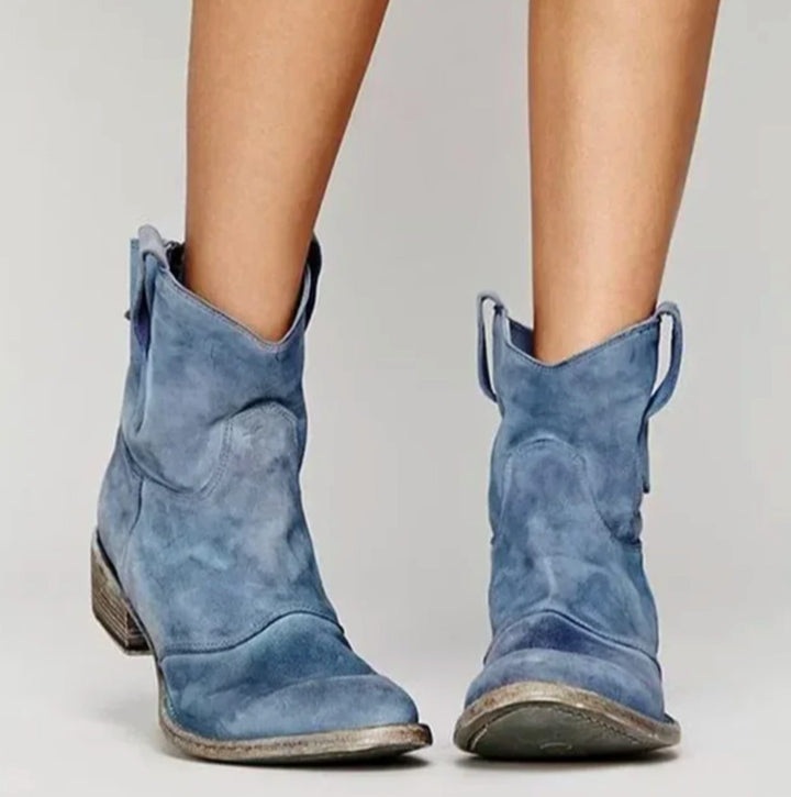 Damen Wildleder Westernstiefelette mit rundem Absatz niedrigem Blockabsatz - Blau