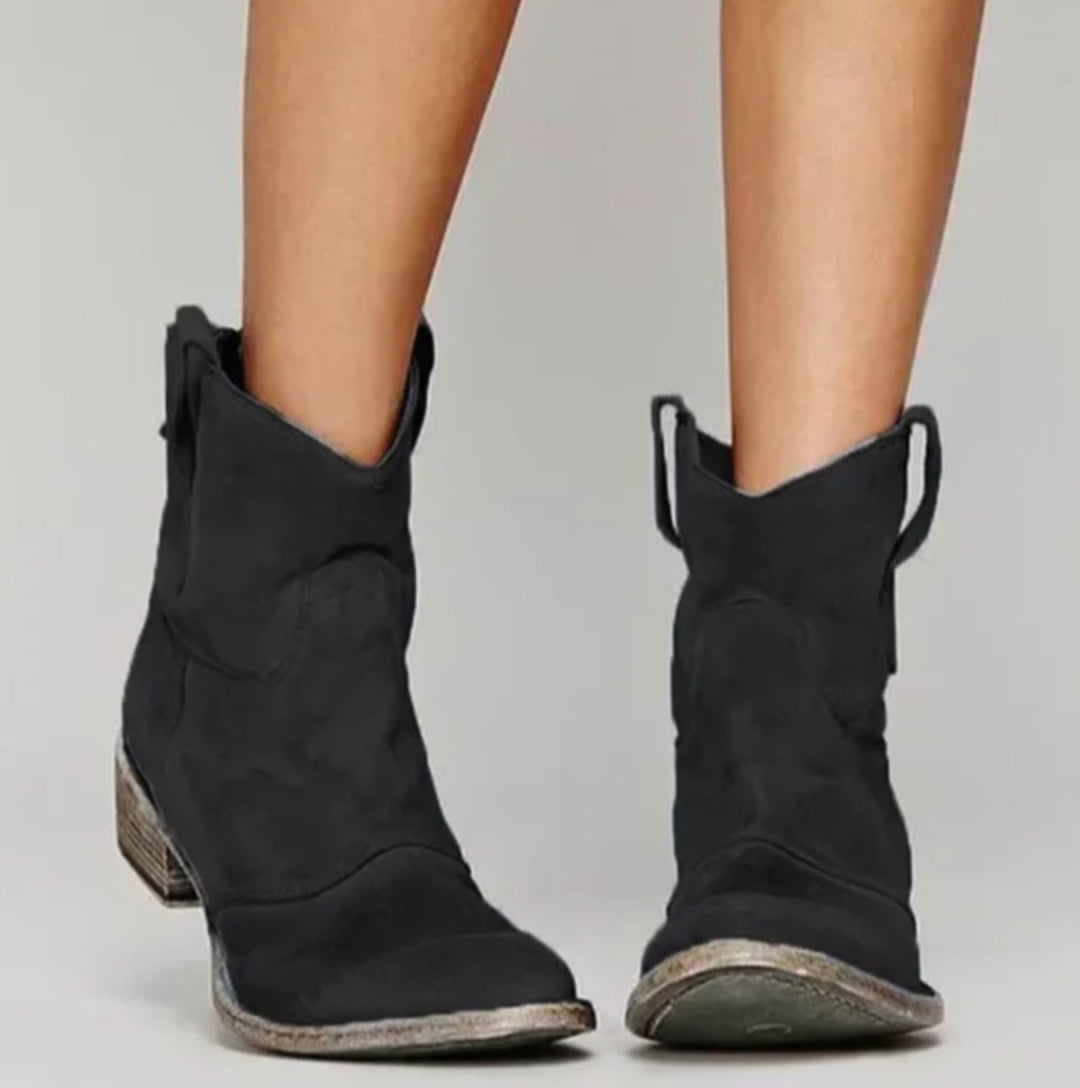 Damen Wildleder Westernstiefelette mit rundem Absatz niedrigem Blockabsatz - Schwarz
