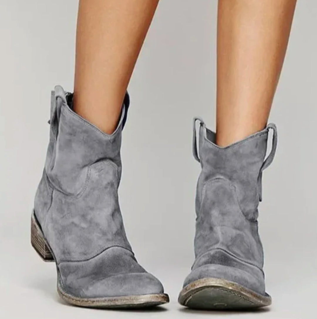 Damen Wildleder Westernstiefelette mit rundem Absatz niedrigem Blockabsatz - Grau
