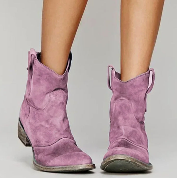 Damen Wildleder Westernstiefelette mit rundem Absatz niedrigem Blockabsatz - Rosa