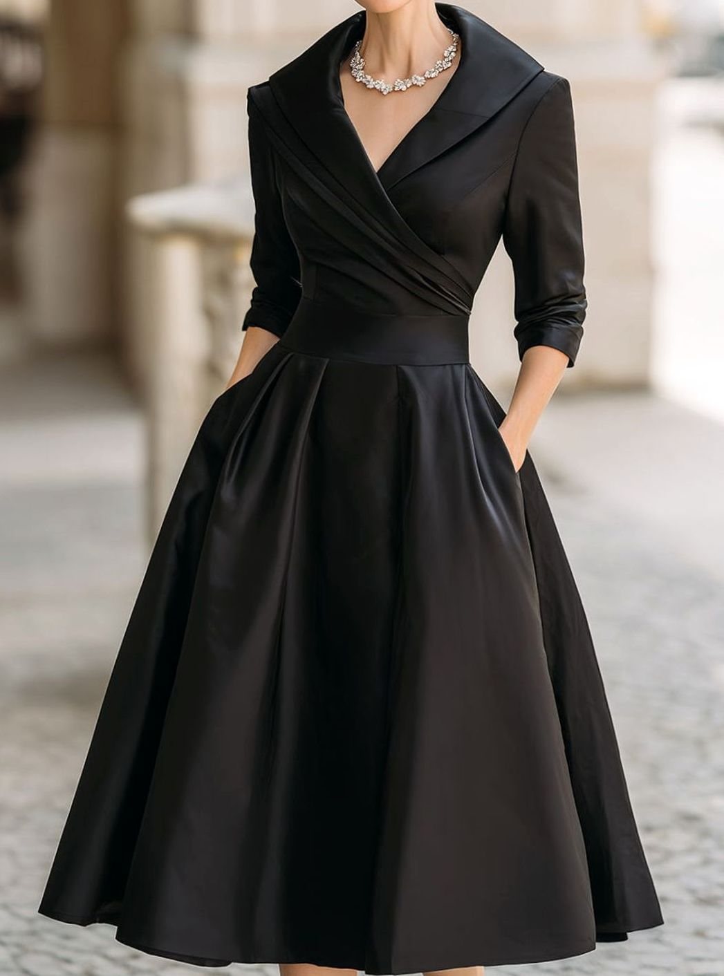 Damen Winter-Klassisches Wickel-Midikleid eleganter A-Linien-Schnitt - Schwarz