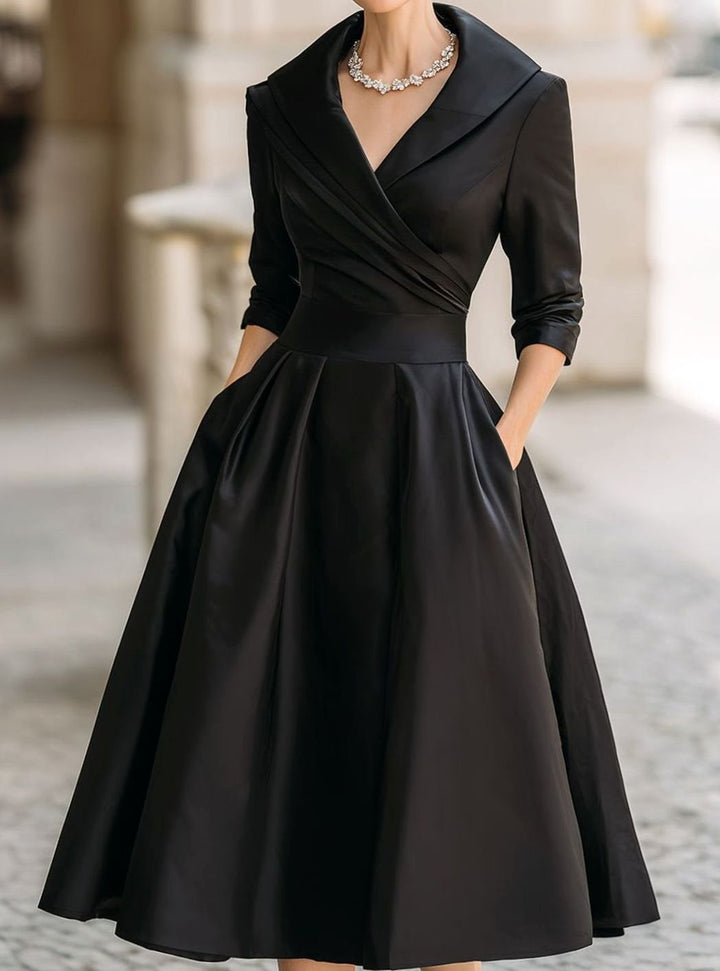 Damen Winter-Klassisches Wickel-Midikleid eleganter A-Linien-Schnitt - Schwarz