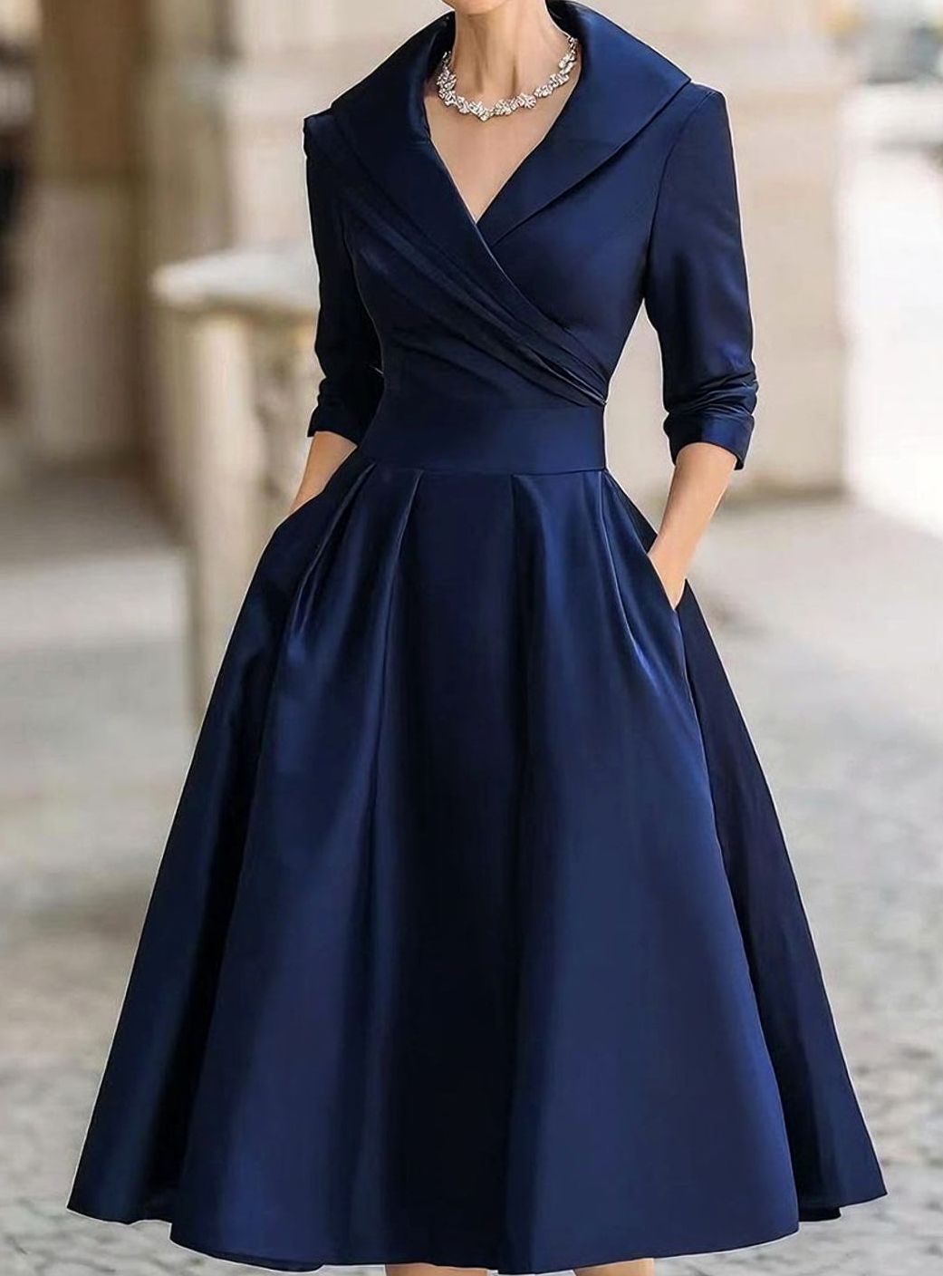Damen Winter-Klassisches Wickel-Midikleid eleganter A-Linien-Schnitt - Marineblau