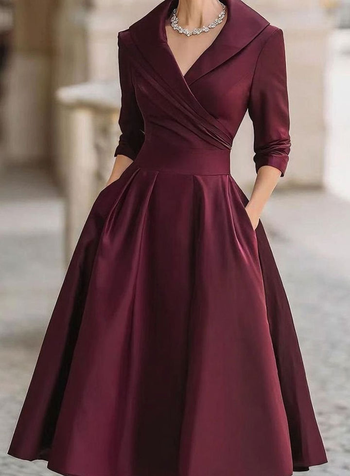 Damen Winter-Klassisches Wickel-Midikleid eleganter A-Linien-Schnitt - Weinrot