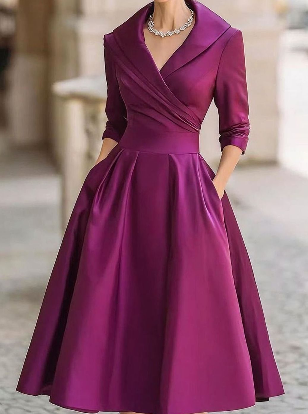 Damen Winter-Klassisches Wickel-Midikleid eleganter A-Linien-Schnitt - Lila