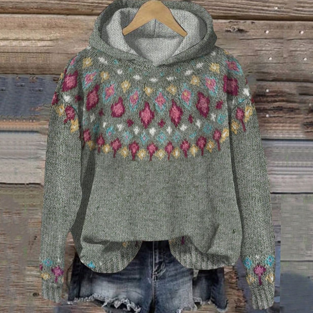 Damen Winter-Strickhoodie mit Muster und Kapuze - Grau