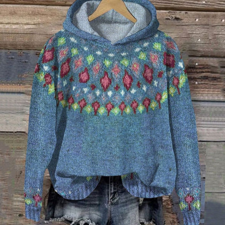 Damen Winter-Strickhoodie mit Muster und Kapuze - Blau