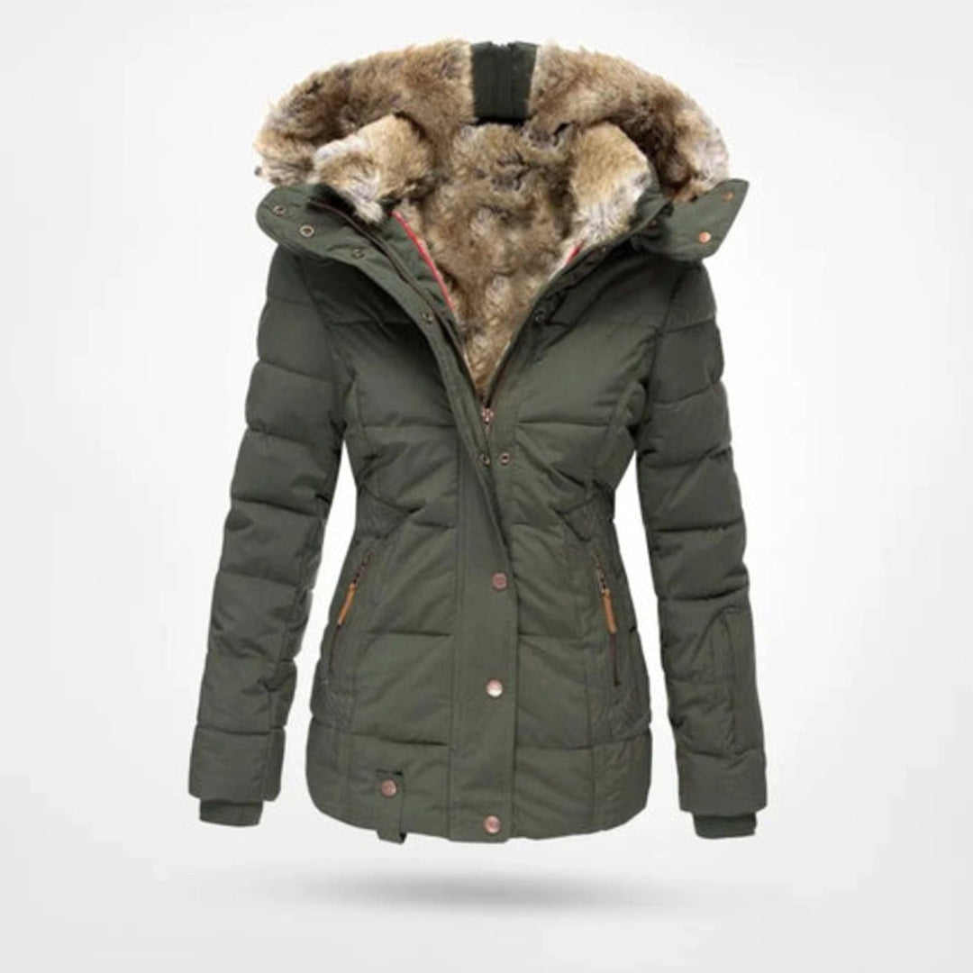 Damen Winterjacke mit Fellkapuze Figurbetonter Stepp-Parka - Grün