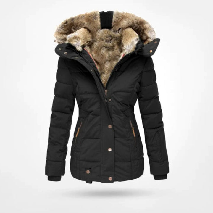 Damen Winterjacke mit Fellkapuze Figurbetonter Stepp-Parka - Schwarz