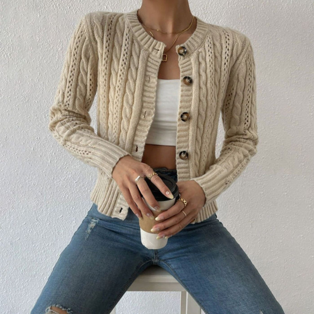 Damen Zopfmuster Strickjacke mit Knopfleiste Rundhals - Apricot