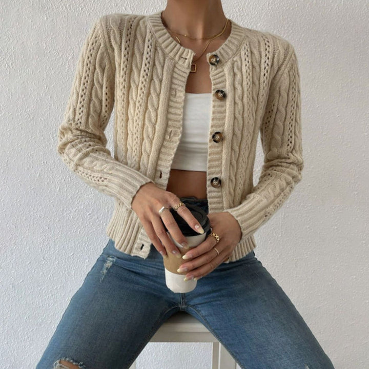 Damen Zopfmuster Strickjacke mit Knopfleiste Rundhals - Apricot