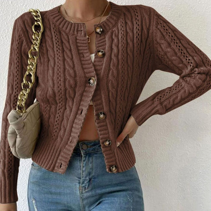 Damen Zopfmuster Strickjacke mit Knopfleiste Rundhals - Braun