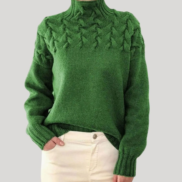 Damen Zopfmuster-Strickpullover mit hohem Kragen - Grün