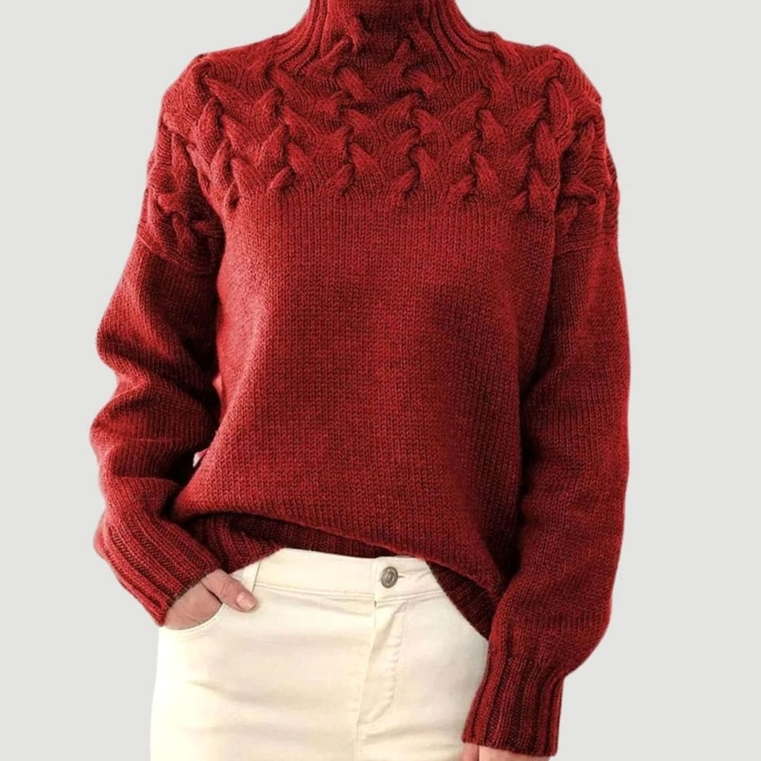 Damen Zopfmuster-Strickpullover mit hohem Kragen - Rot
