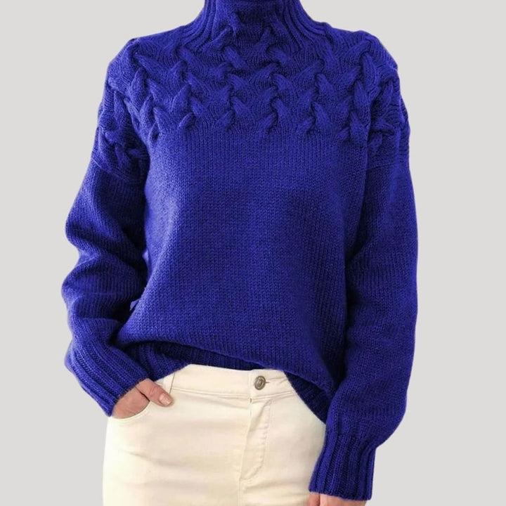 Damen Zopfmuster-Strickpullover mit hohem Kragen - Blau