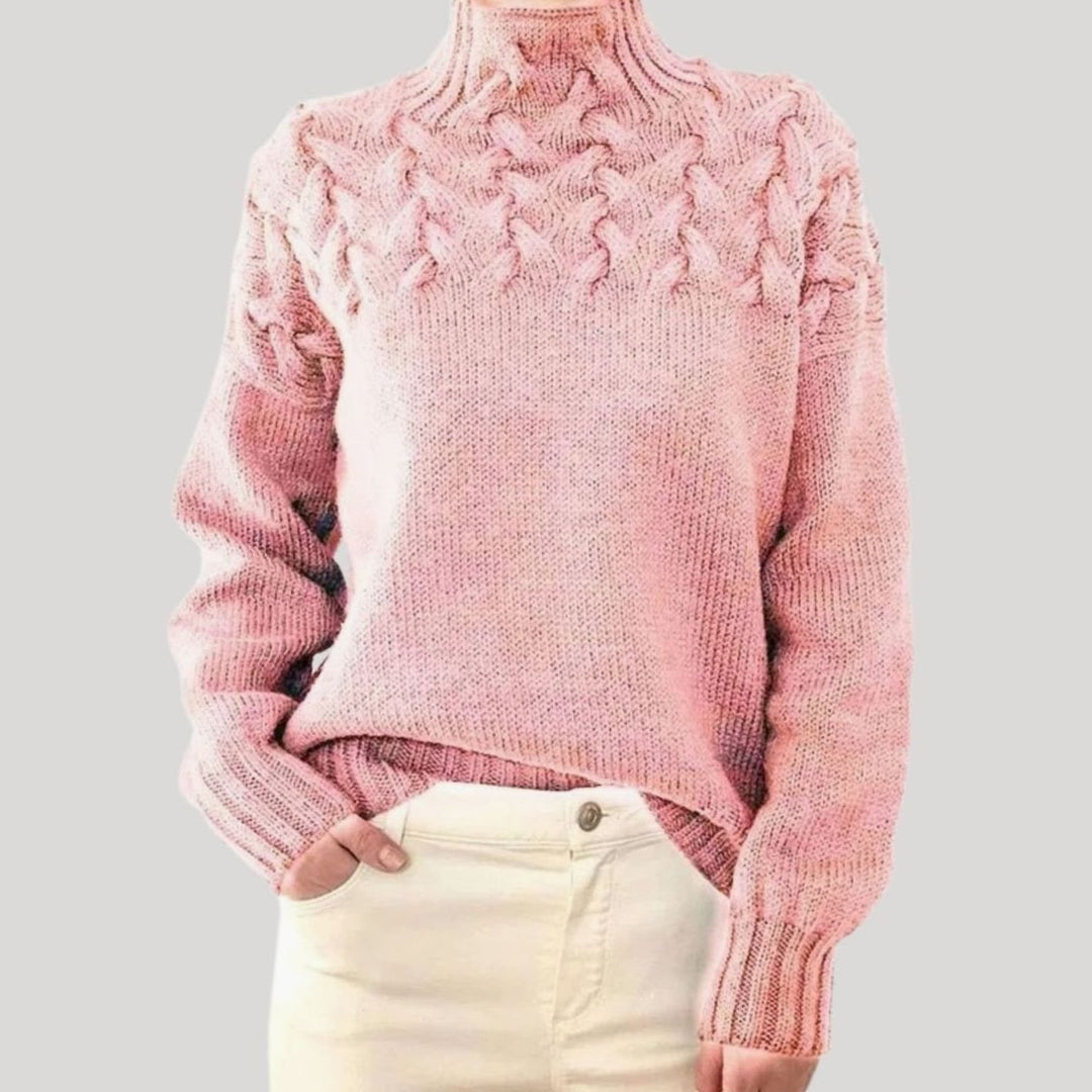 Damen Zopfmuster-Strickpullover mit hohem Kragen - Hellrosa
