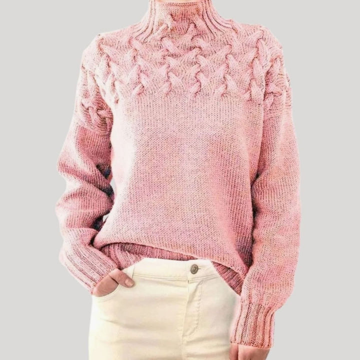 Damen Zopfmuster-Strickpullover mit hohem Kragen - Hellrosa