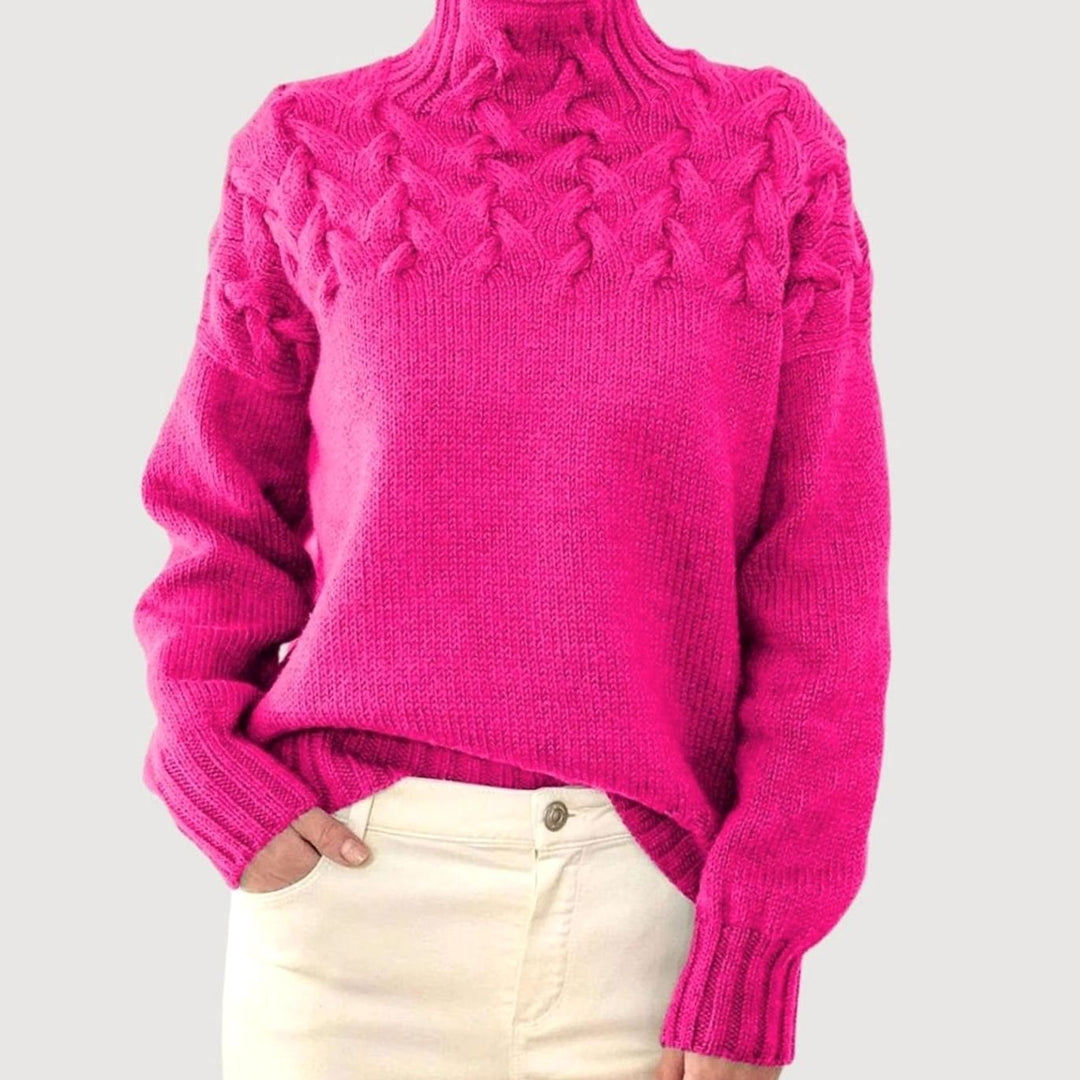 Damen Zopfmuster-Strickpullover mit hohem Kragen - Rosa