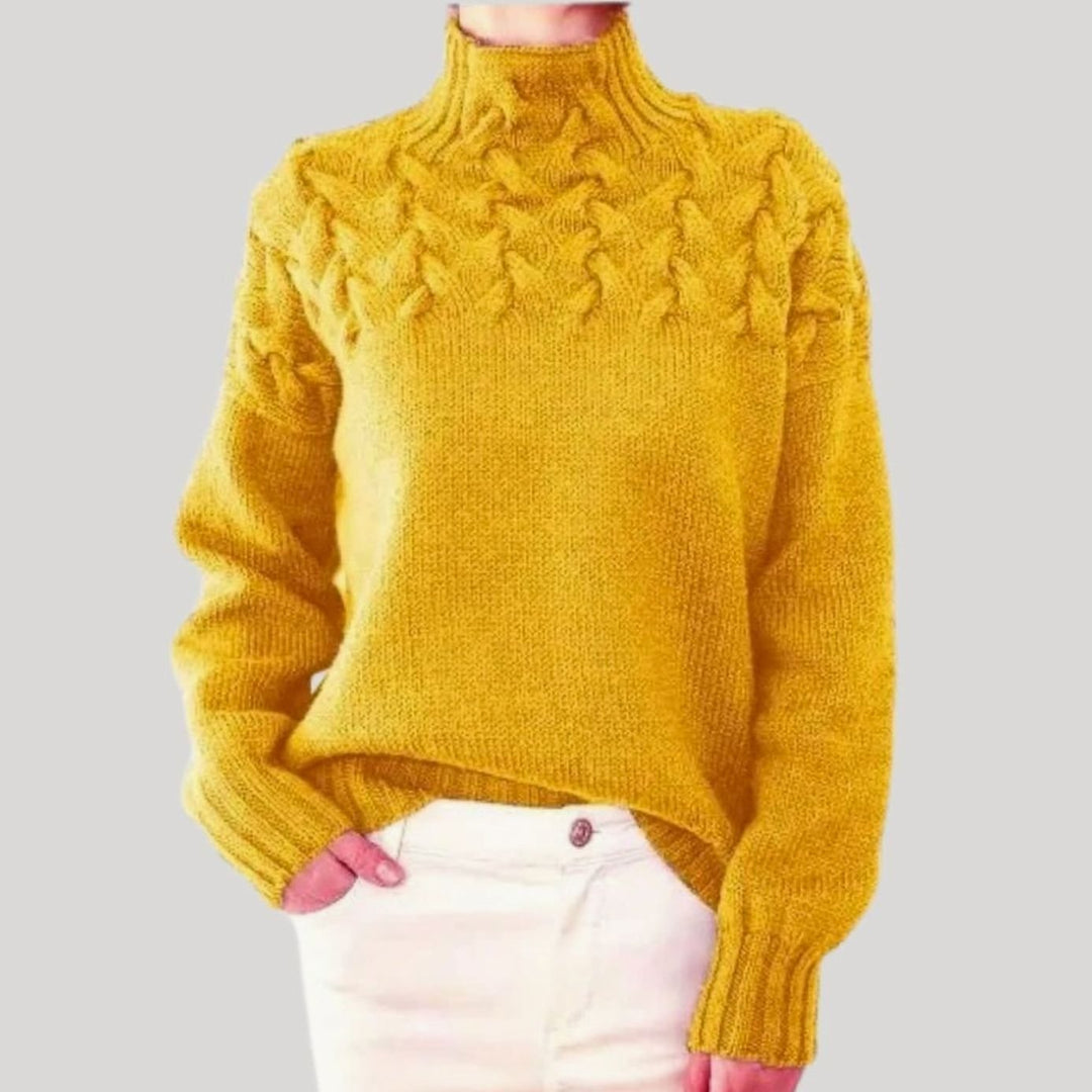 Damen Zopfmuster-Strickpullover mit hohem Kragen - Gelb