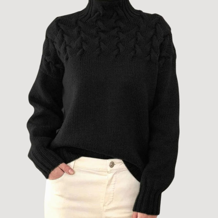 Damen Zopfmuster-Strickpullover mit hohem Kragen - Schwarz