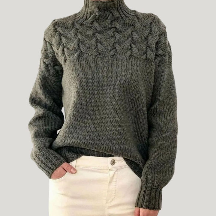 Damen Zopfmuster-Strickpullover mit hohem Kragen - Grau