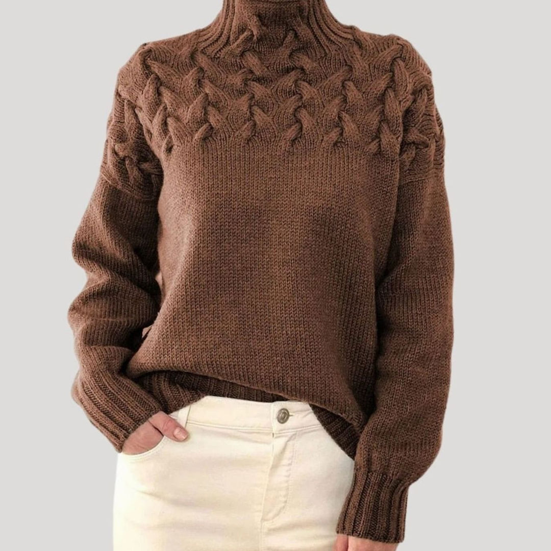 Damen Zopfmuster-Strickpullover mit hohem Kragen - Braun