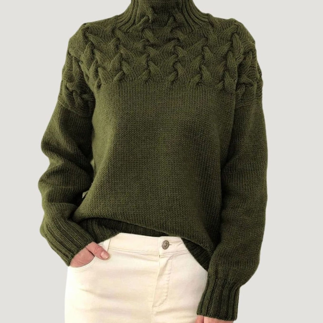 Damen Zopfmuster-Strickpullover mit hohem Kragen - Dunkelgrün