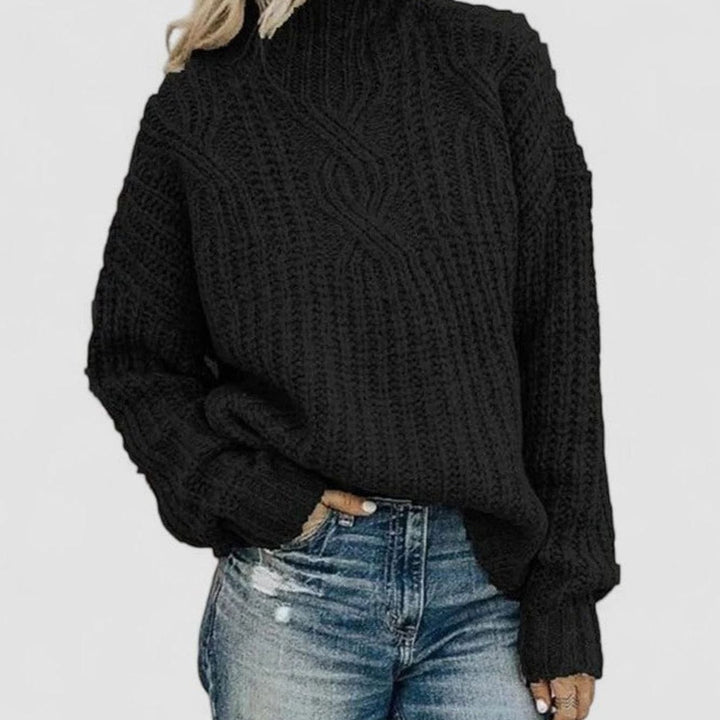 Damen Zopfmuster Strickpullover mit langen Ärmeln Rollkragen - Schwarz