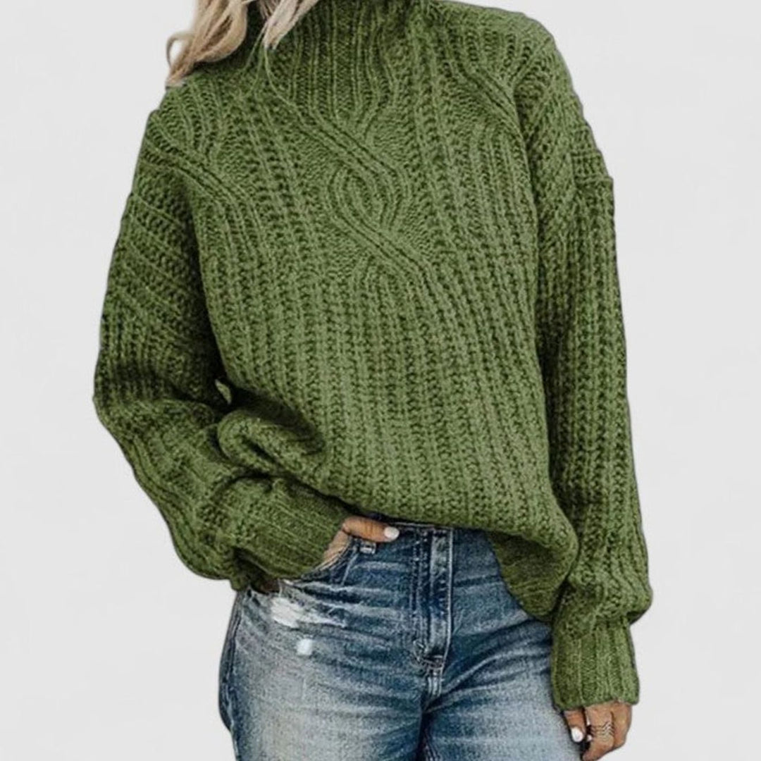 Damen Zopfmuster Strickpullover mit langen Ärmeln Rollkragen - Grün