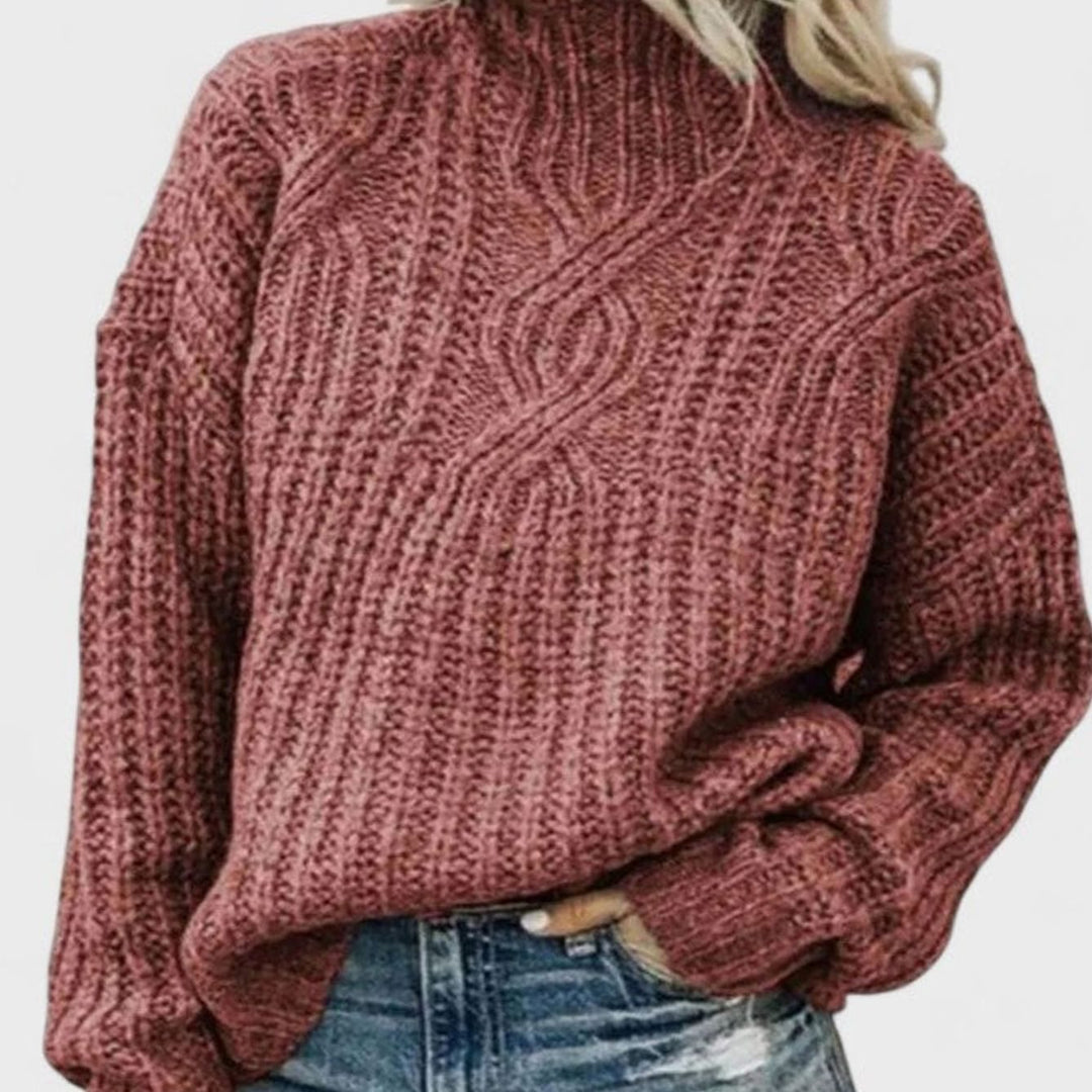 Damen Zopfmuster Strickpullover mit langen Ärmeln Rollkragen - Rosa