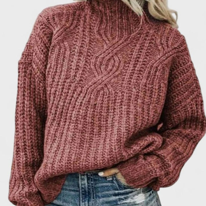 Damen Zopfmuster Strickpullover mit langen Ärmeln Rollkragen - Rosa