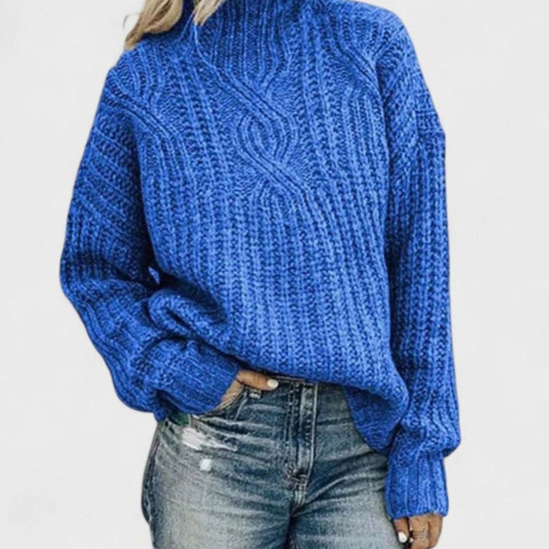 Damen Zopfmuster Strickpullover mit langen Ärmeln Rollkragen - Blau