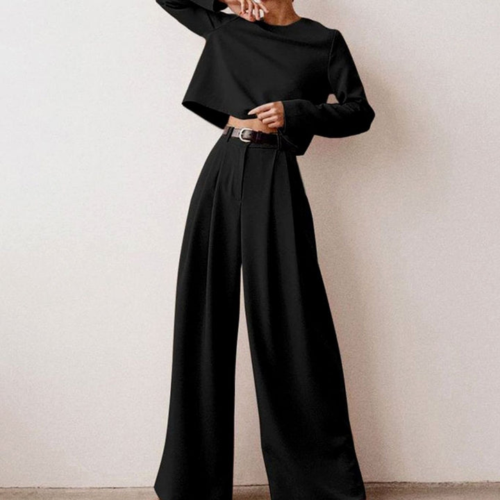 Damen Zweiteiliges Hosen-Set langärmligem Crop-Top Weithose - Schwarz