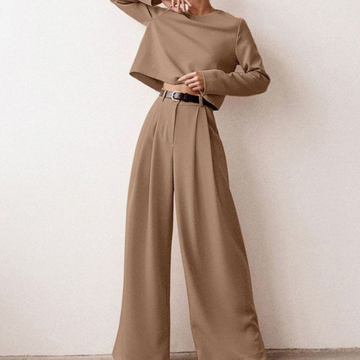Damen Zweiteiliges Hosen-Set langärmligem Crop-Top Weithose - Khaki