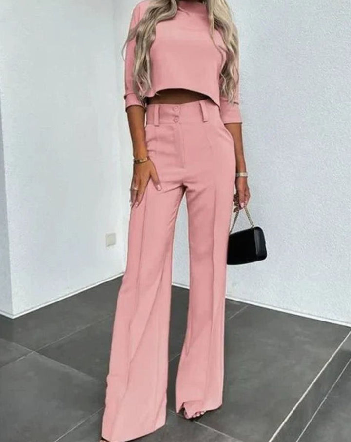 Damen Zweiteiliges Hosenset langärmligem Crop-Oberteil Hochbund Weithose - Rosa