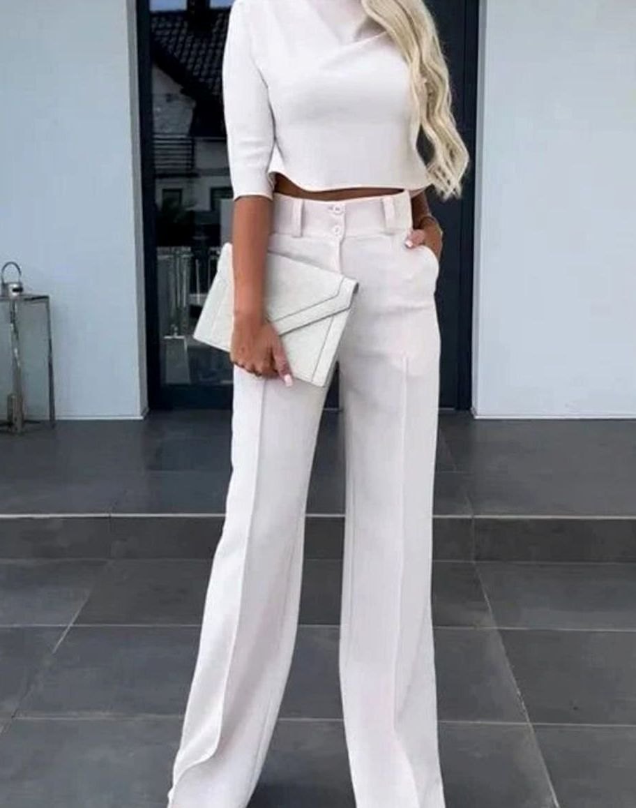 Damen Zweiteiliges Hosenset langärmligem Crop-Oberteil Hochbund Weithose - Weiß