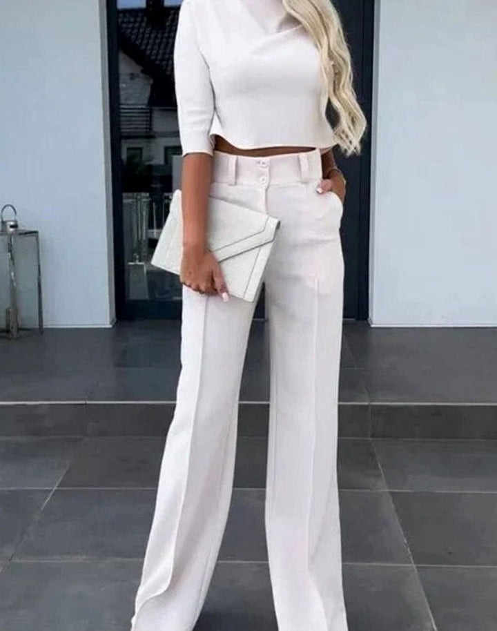 Damen Zweiteiliges Hosenset langärmligem Crop-Oberteil Hochbund Weithose - Weiß