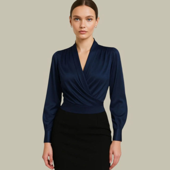 Elegante Satin-Wickelbluse für Damen Langarm V-Ausschnitt - Blau