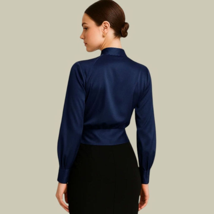Elegante Satin-Wickelbluse für Damen Langarm V-Ausschnitt