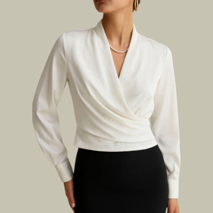 Elegante Satin-Wickelbluse für Damen Langarm V-Ausschnitt - Weiß