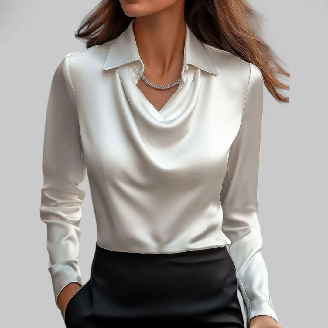 Elegante Wasserfallausschnitt Satinbluse für Damen mit Hemdkragen - Weiß