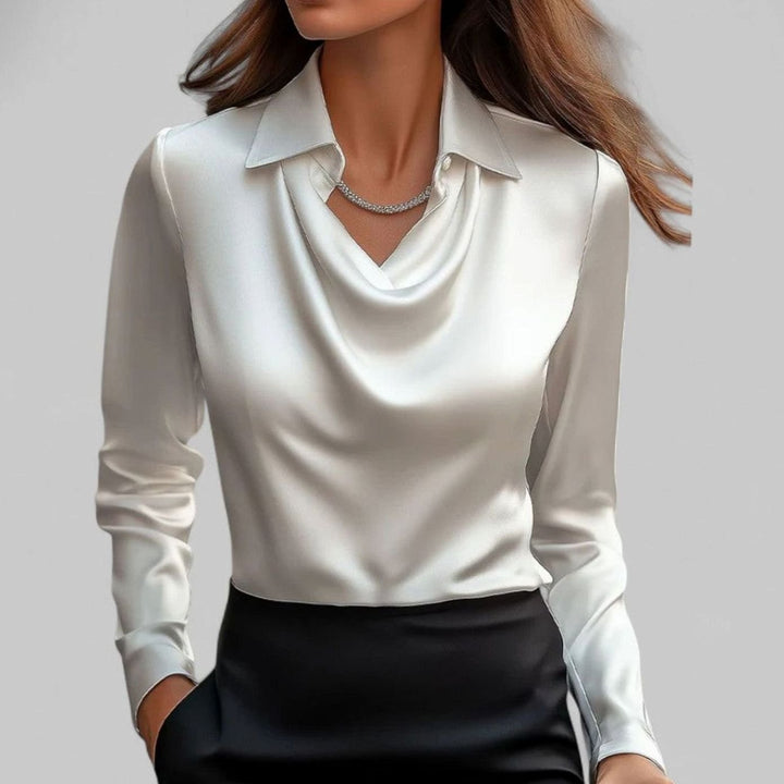Elegante Wasserfallausschnitt Satinbluse für Damen mit Hemdkragen - Weiß