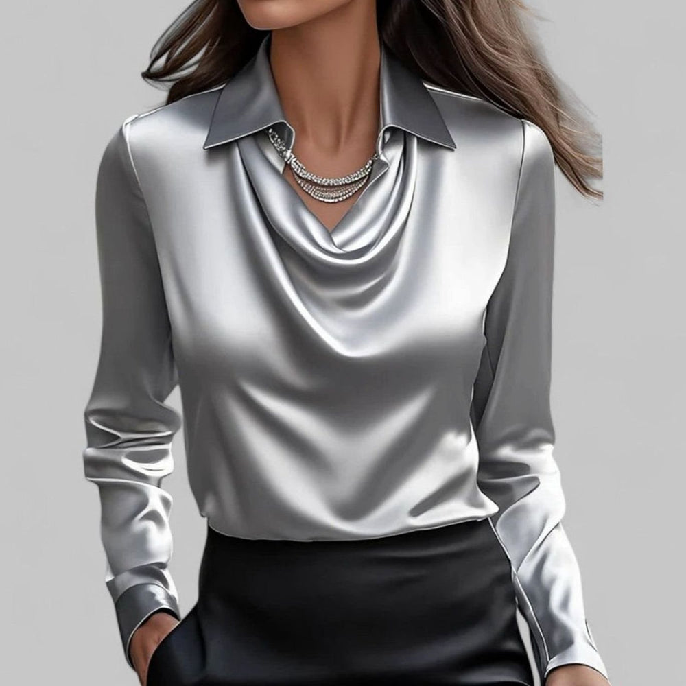 Elegante Wasserfallausschnitt Satinbluse für Damen mit Hemdkragen - Grau