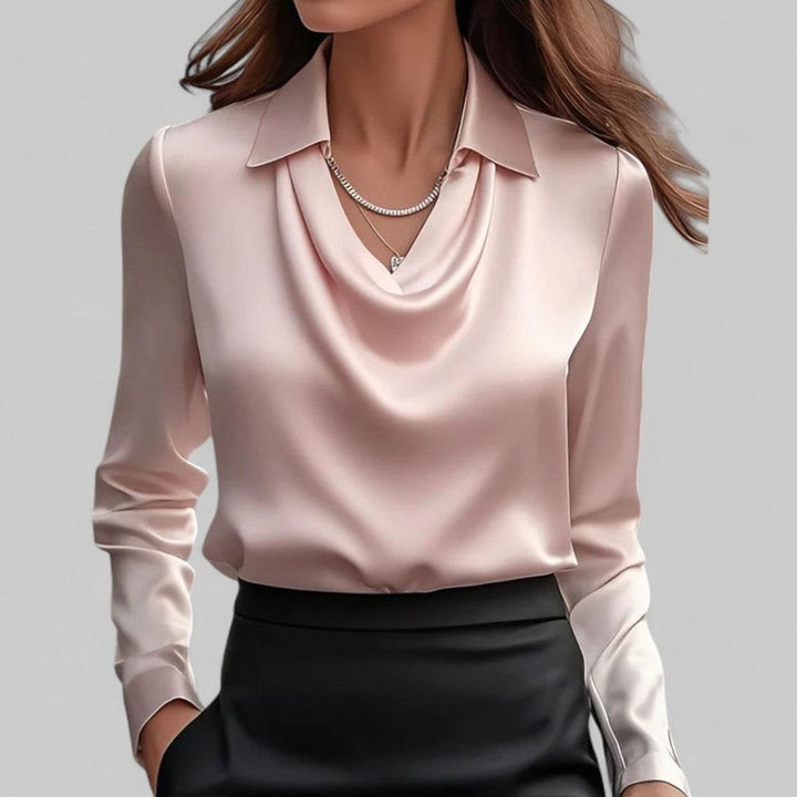 Elegante Wasserfallausschnitt Satinbluse für Damen mit Hemdkragen - Rosa