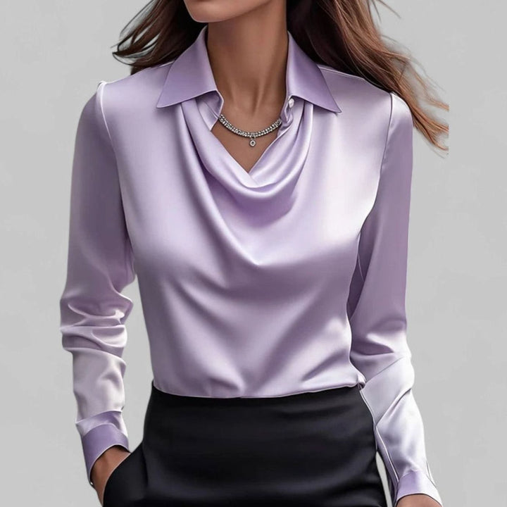 Elegante Wasserfallausschnitt Satinbluse für Damen mit Hemdkragen - Lila
