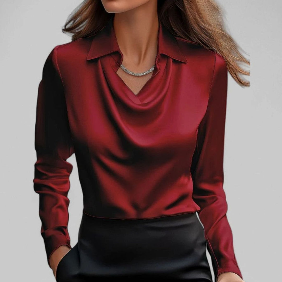 Elegante Wasserfallausschnitt Satinbluse für Damen mit Hemdkragen - Rot
